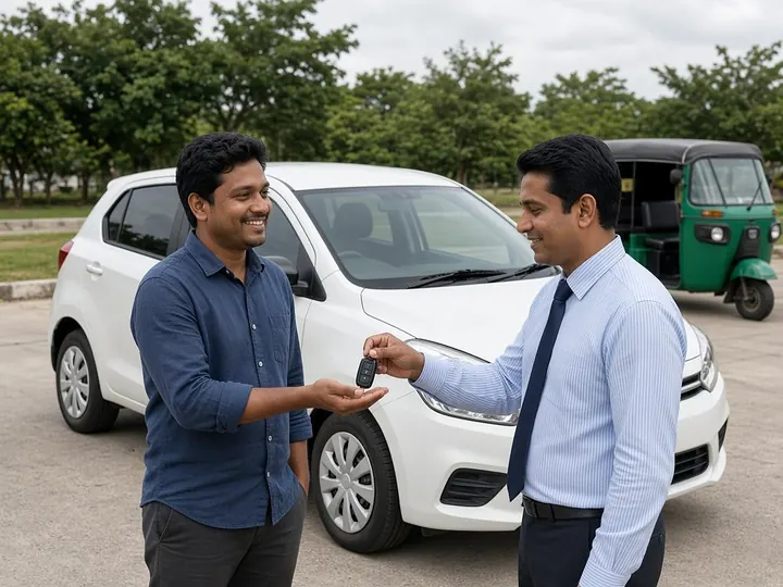 Customer receiving car keys from a finance adviser