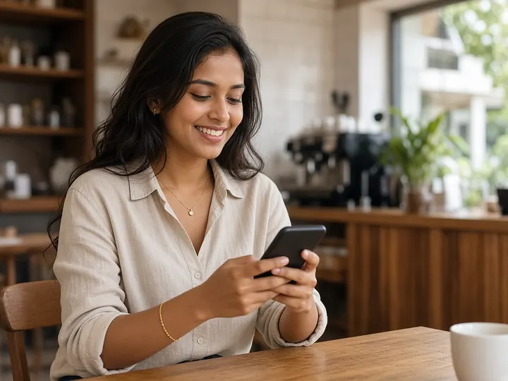 Woman using her phone in a cafe