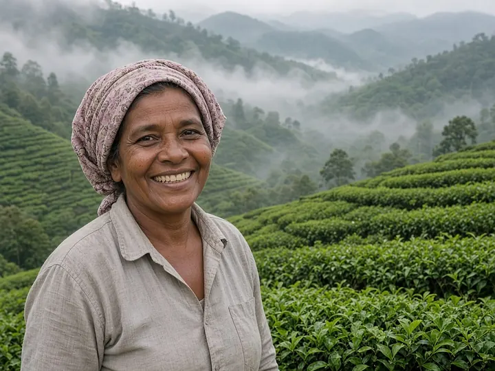 Smiling farmer on a hillside tea estate