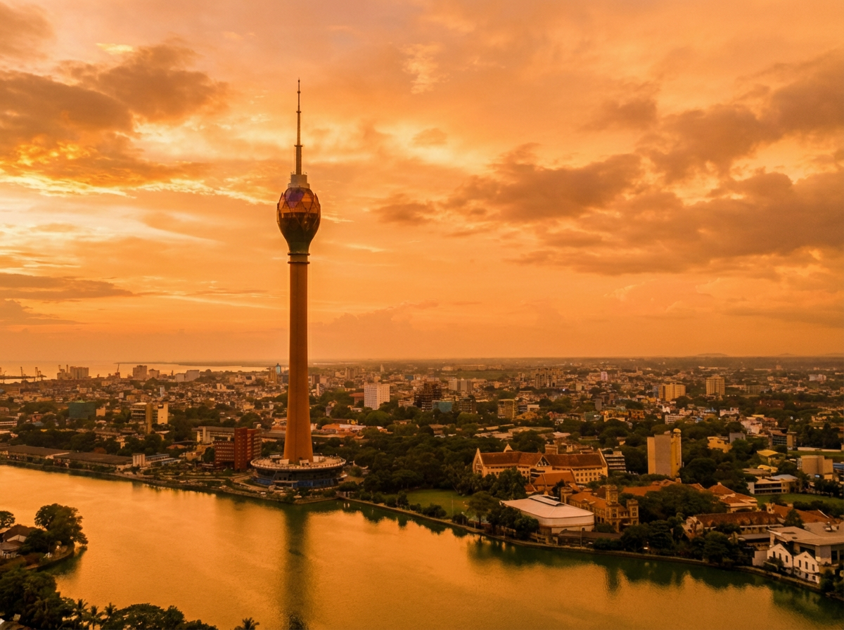 Colombo skyline and Lotus Tower at sunset