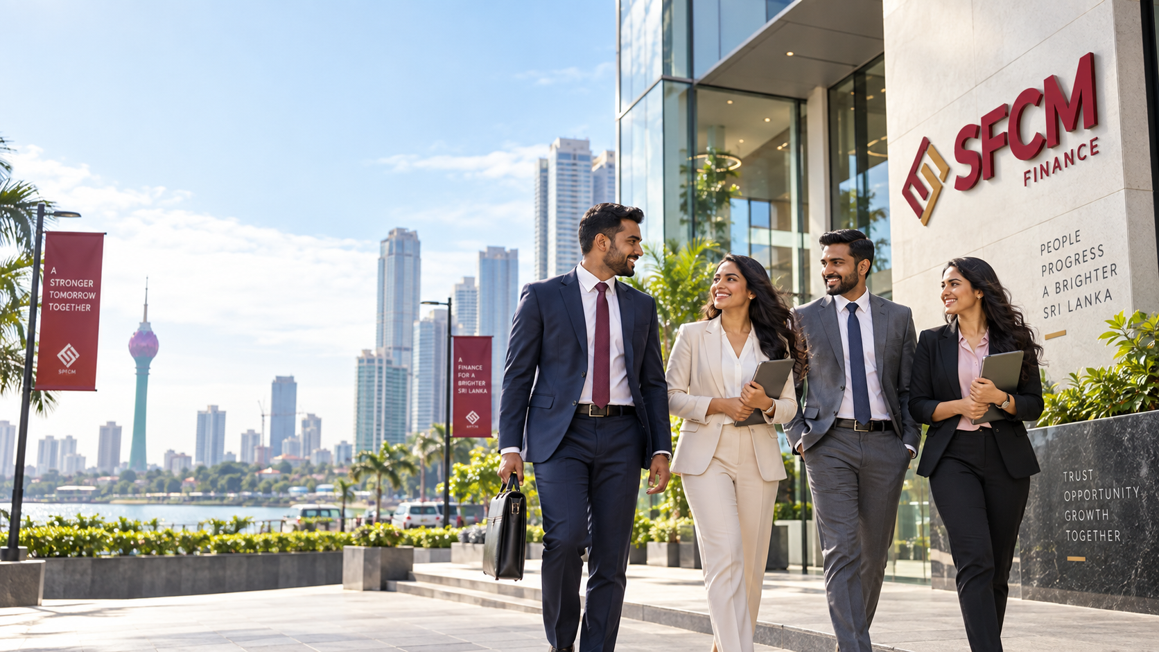 SFCM Finance professionals outside a Colombo office with the Lotus Tower skyline