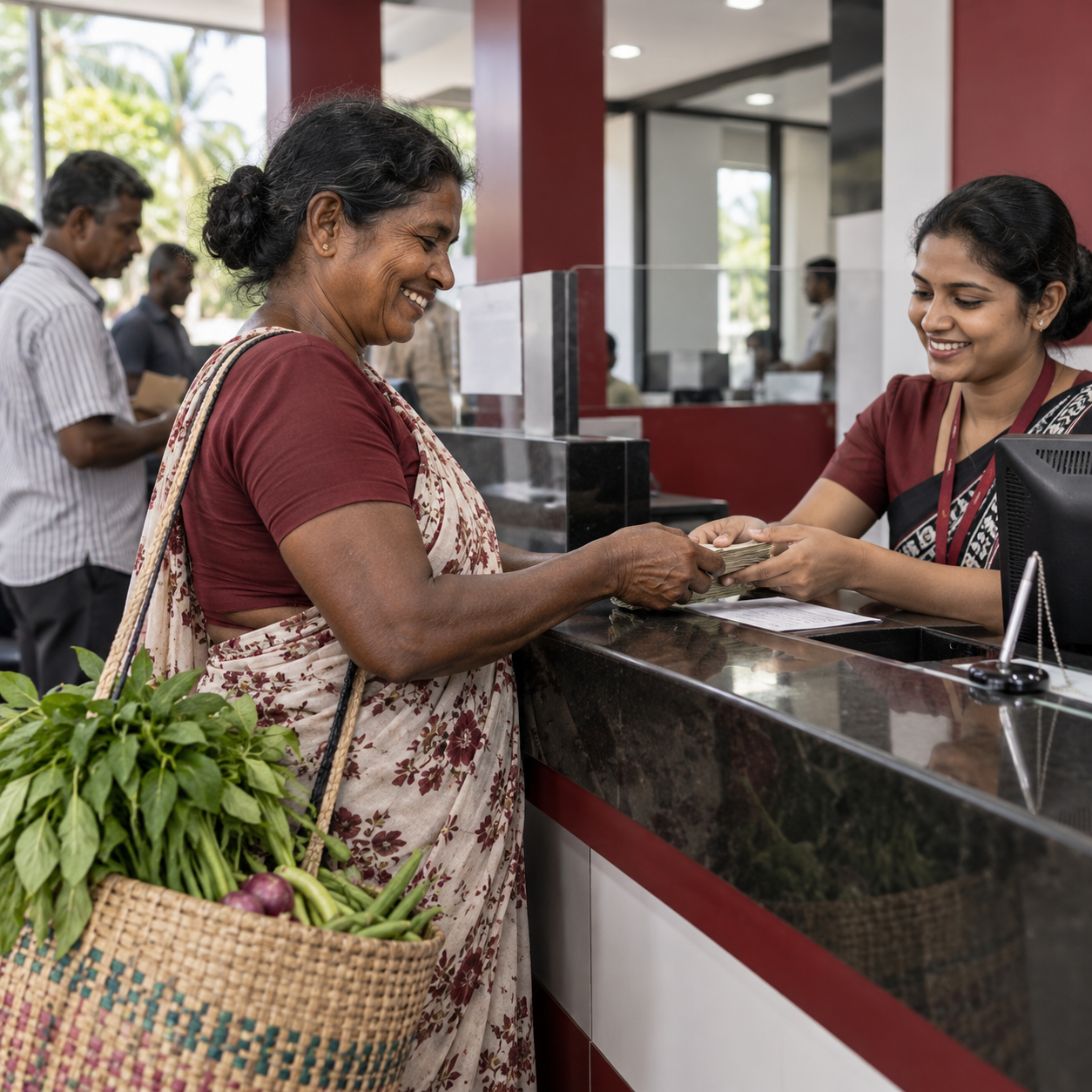 Sri Lankan agricultural customer receiving attentive service at an SFCM branch