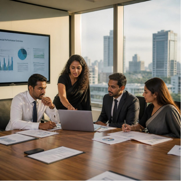 Sri Lankan corporate finance team discussing performance in a Colombo boardroom