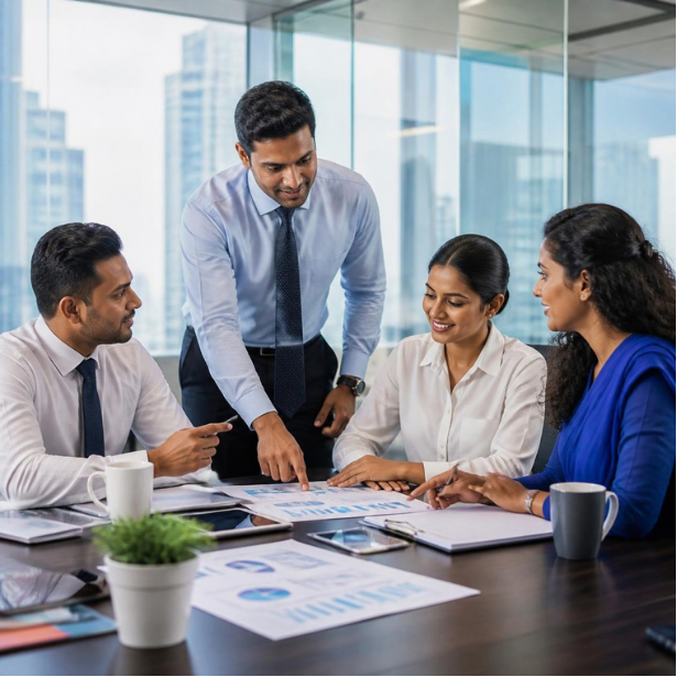 Sri Lankan finance specialists reviewing a customer's financial plan