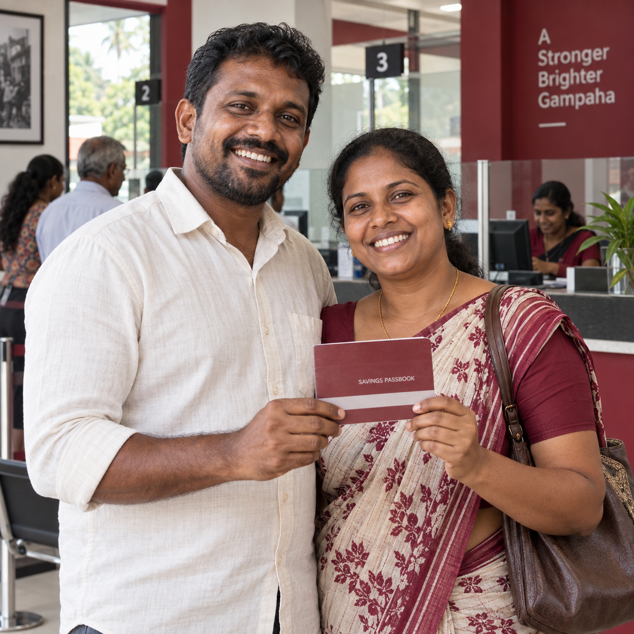 Sri Lankan customers holding their savings passbook at an SFCM branch