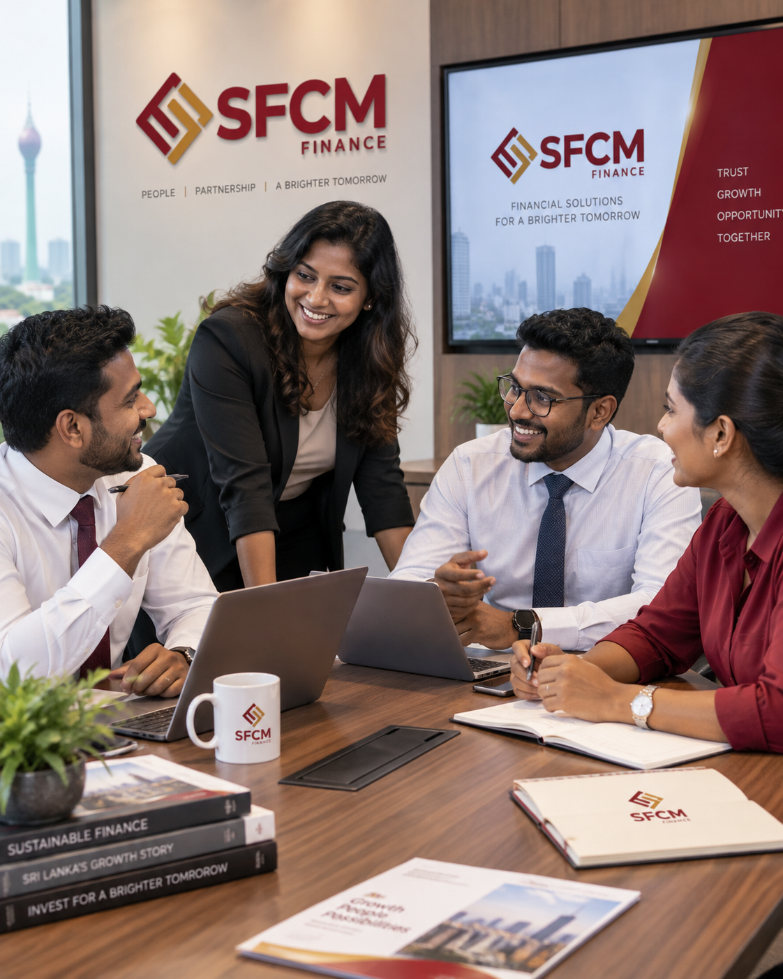 SFCM Finance team collaborating in a branded Sri Lankan office
